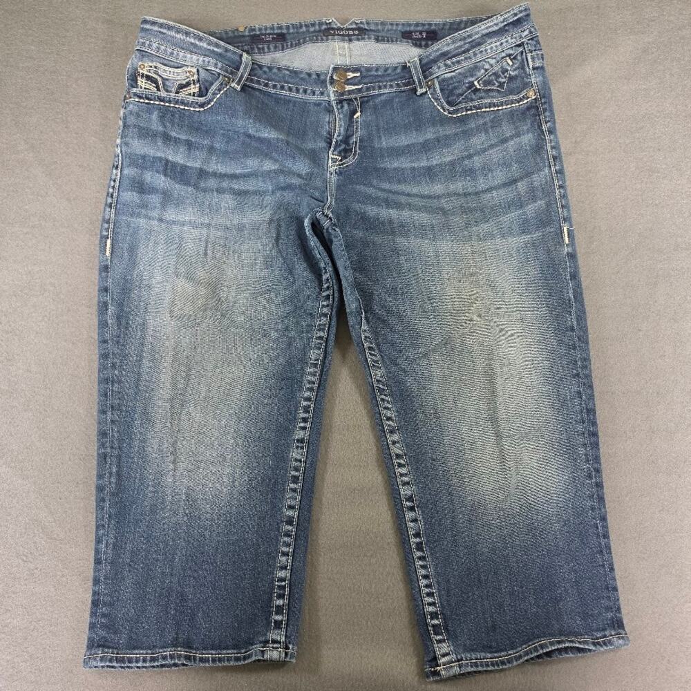Vigoss Dublin Capri Jeans 22 Womens Med Wash Distressed Rhinestone Embellished